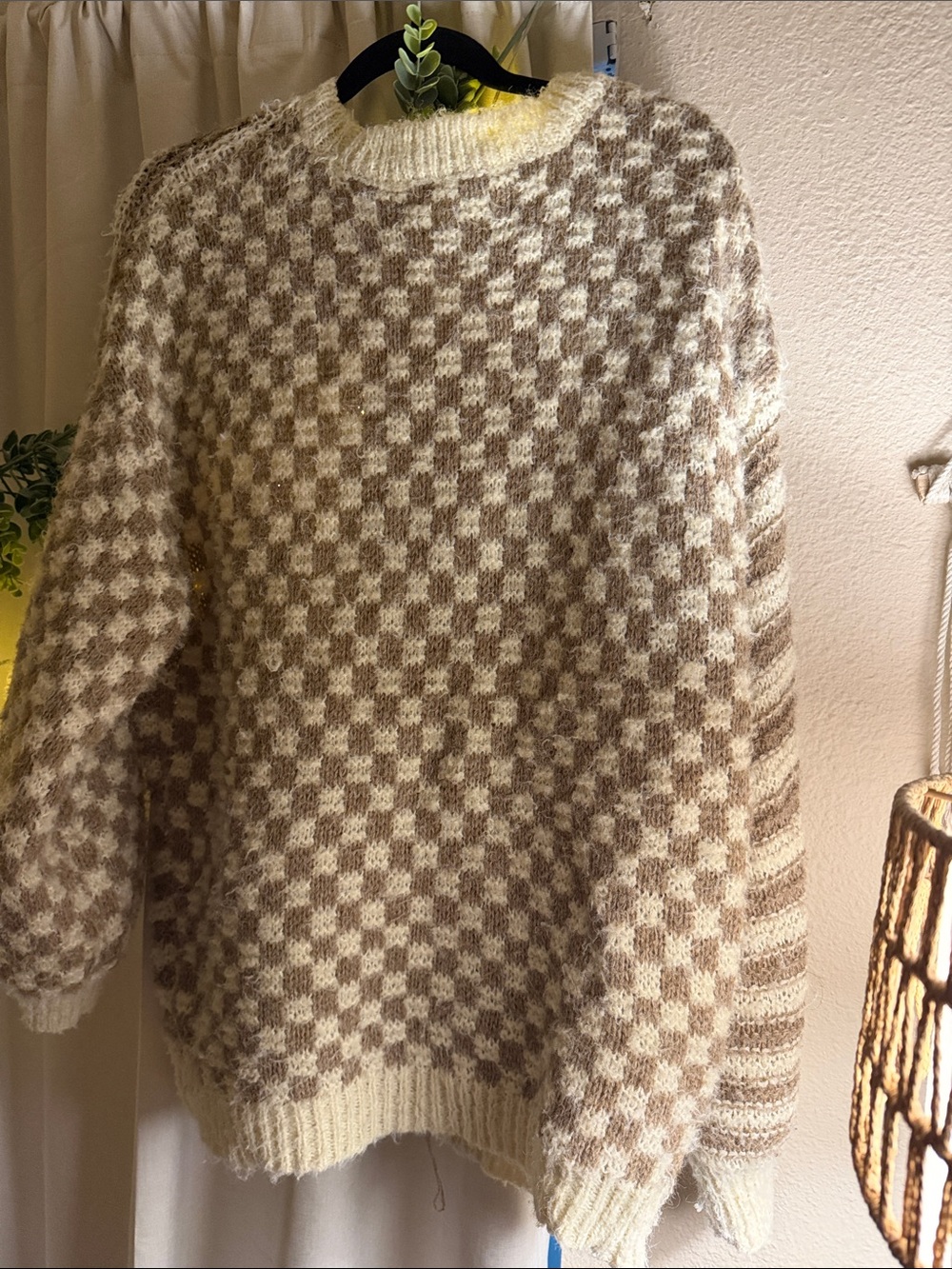 Altar'd State Cream & Brown Checkerboard Stripe Crewneck Sweater - Picture 3 of 4